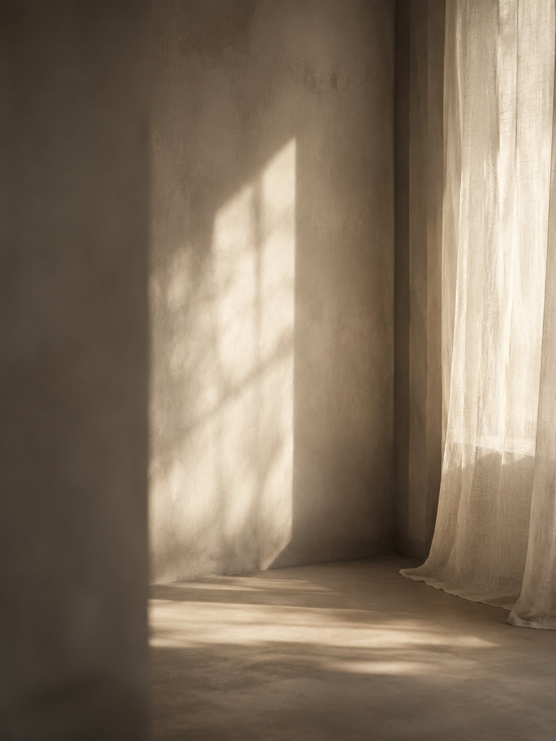 A calm interior with soft afternoon light across a plaster wall
