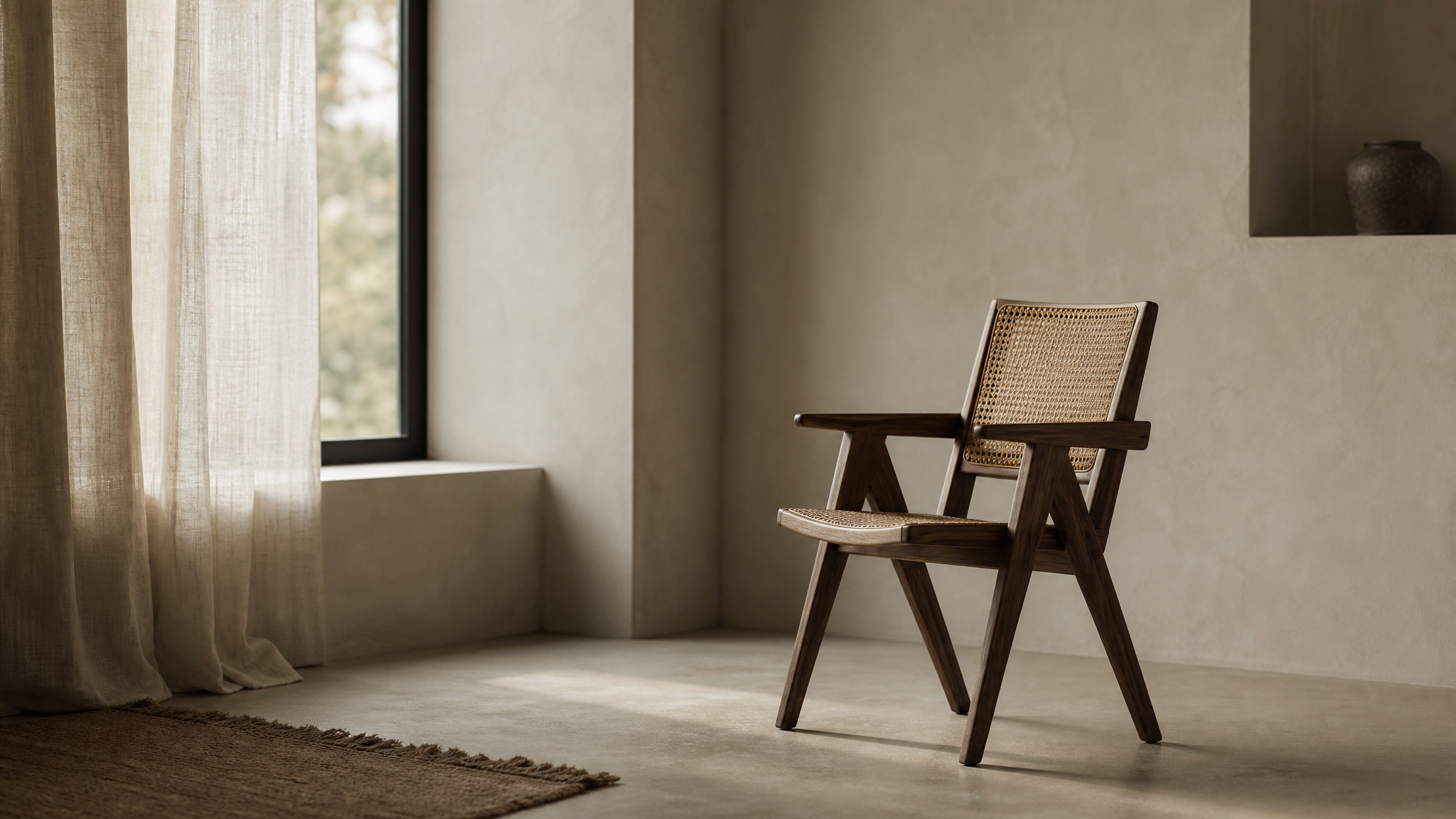 A quiet, light-filled room with an empty chair by a window