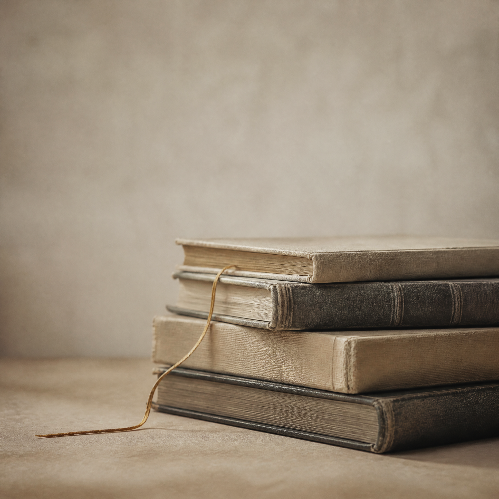 A stack of well-worn books with a golden thread bookmark